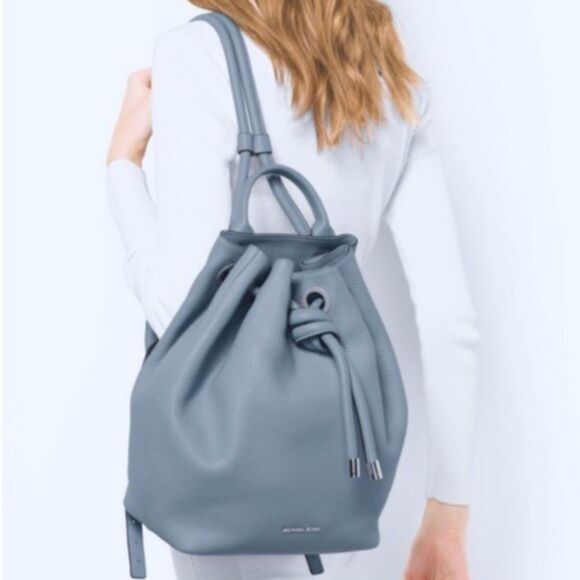 Michael Kors Dalia Drawstring Backpack Powder Blue Pebbled Leather Bag Travel - Picture 11 of 12